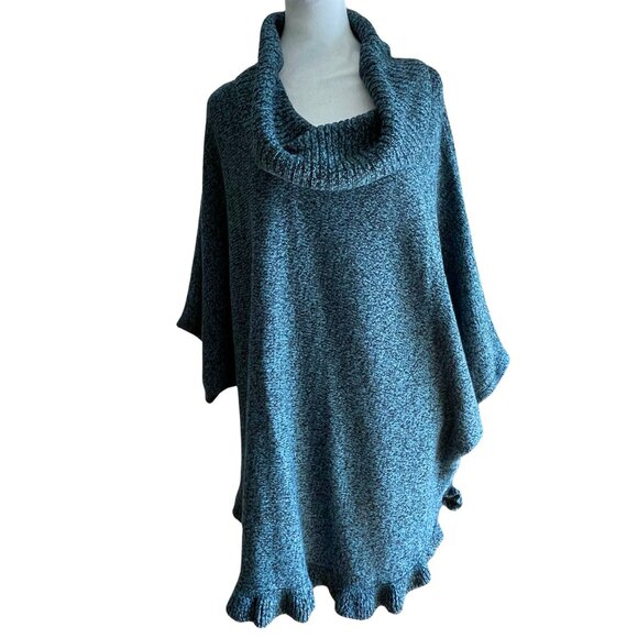 NWT STUDIO WORKS WOMAN 2X Blue / Teal Knit Poncho Sweater Cowl Neck Ruffle Hem - Picture 2 of 10